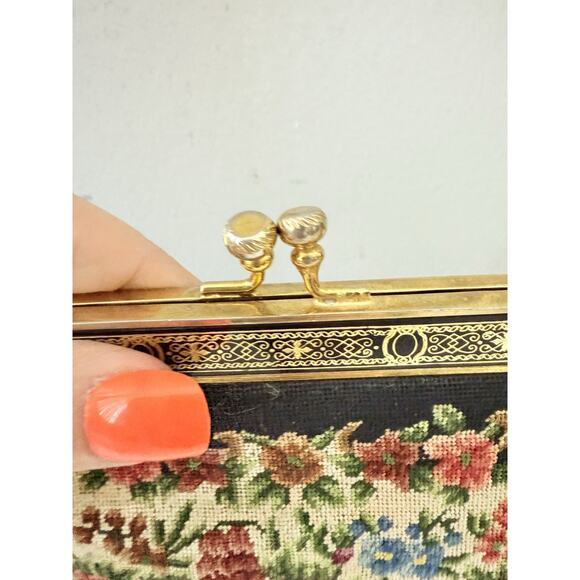Vintage Petit Point Floral Purse on Black – Gold Frame, Handbag Clutch - Picture 7 of 10